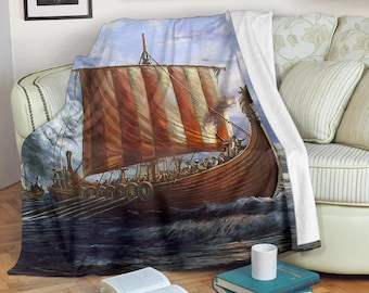 Viking Ship Drakkar Blanket / Viking Sailing Throw Blanket / Viking Ship Fleece Blanket / Viking Adult Blanket / Viking Ship Kid Blanket