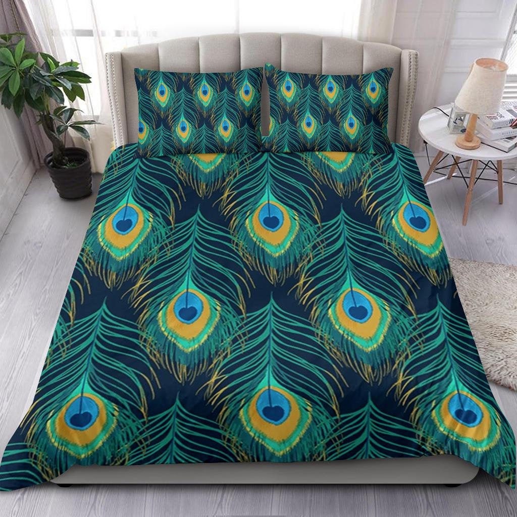 Blue and green peacock decor aesthetic bedding set full, luxury duvet