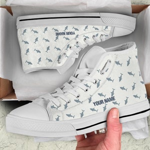 Shark Custom Name High Top Sneakers / Shark High Top Shoes / Shark Custom Print Trainers Shoes / Shark Lover Gift