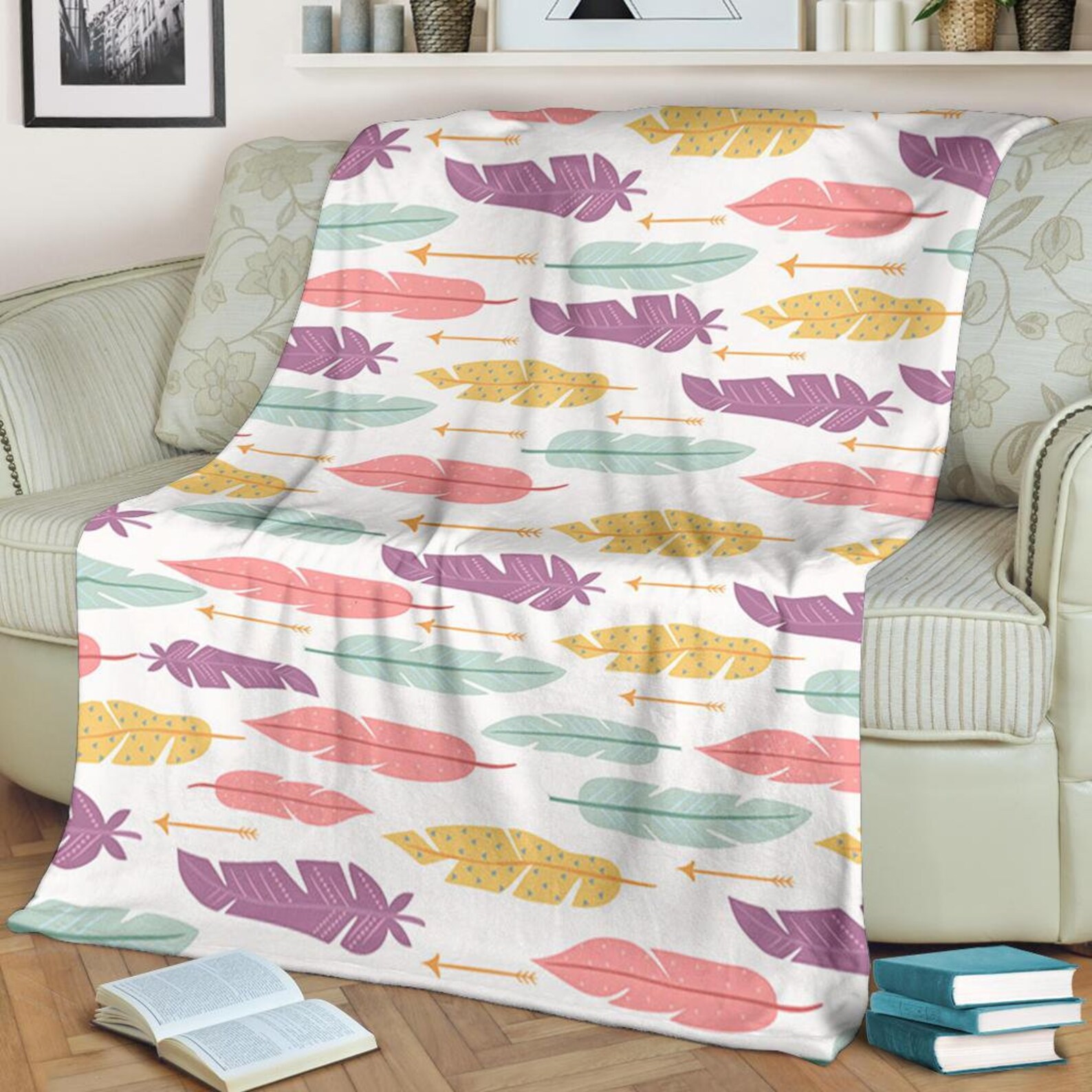 Boho Feathers Blanket / Feathers Fleece Blanket / Feathers Etsy