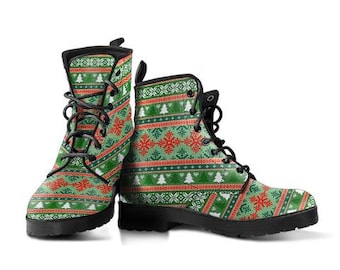 Ugly Christmas Leather Boots, Handcrafted Custom Print, Men's Women's Winter Boots