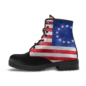 Botas de cuero con la bandera estadounidense antigua de Betsy Ross, estampado personalizado hecho a mano, botas de invierno para hombres y mujeres