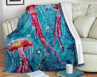 Moslion Jellyfish Blanket Ocean Sea Animal Fish Jellyfishes Throw Blanket Flannel Home Decorative Soft Cozy Blankets 60x80 Inch for Adults Sofa Blue 