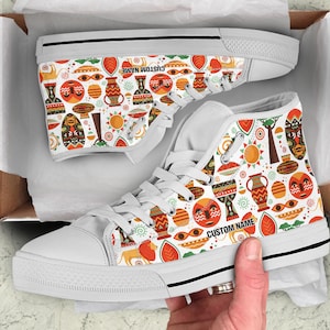 African Pattern Custom Name High Top Sneakers / African Ornaments High Top Shoes / African Custom Print Shoes / African Ornaments Gift