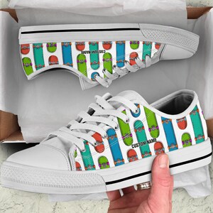 Custom Name Skater Low Top Sneakers: Skateboard Print Trainers