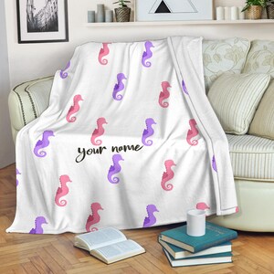 Seahorse Custom Name Blanket / Seahorse Throw Blanket / Seahorse Fleece Blanket / Seahorse Adult Kid Blanket / Seahorse Lover Gift