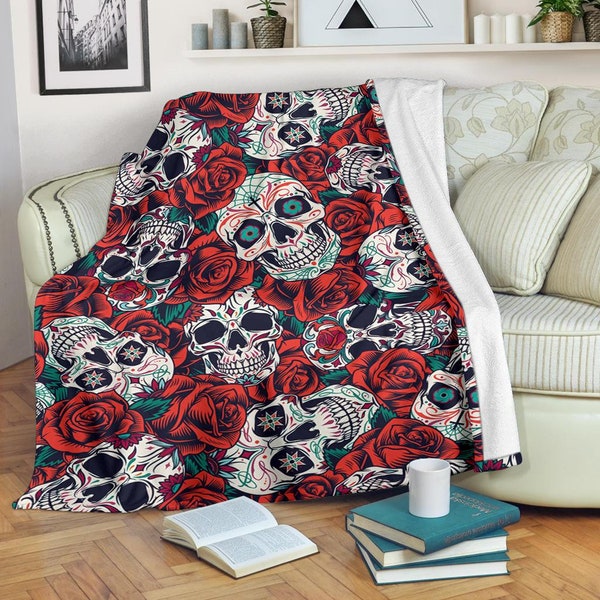 Sugar Skull Girly Skeleton Floral Pattern Print Hooded Blanket