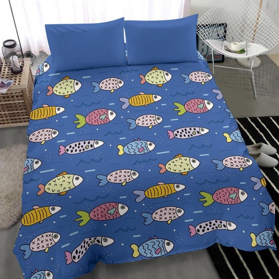 Fish Duvet Cover and Pillow Covers Fish Bedding Set Fish Bed Cover 