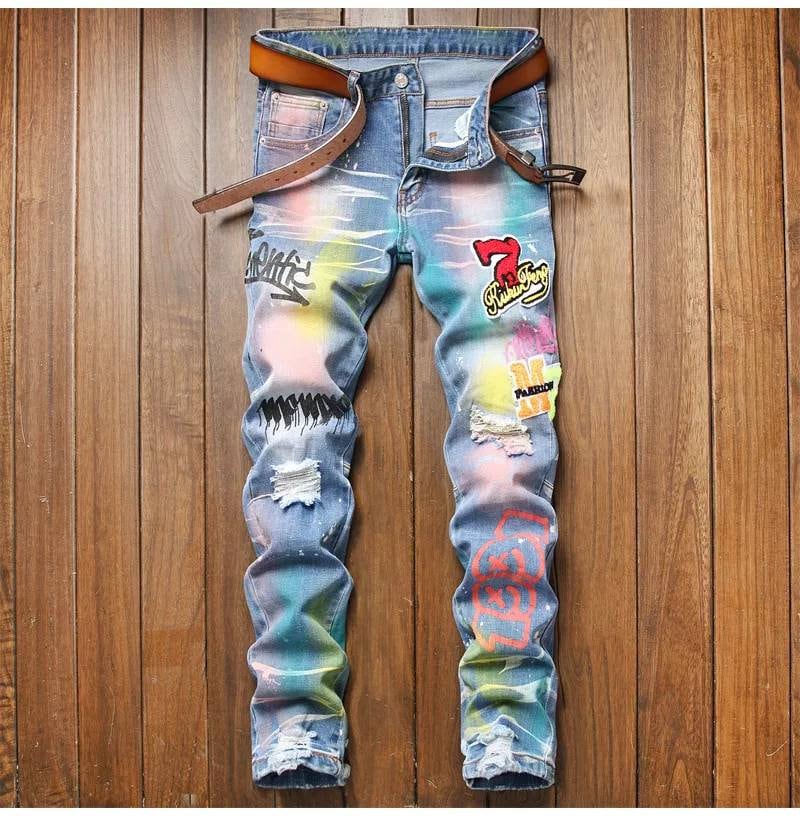 Mens slim fit stretch stacked jeans y2k graffiti spray paint | Etsy