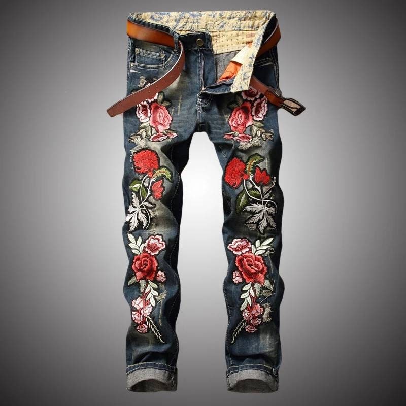 Mens ripped stretch jeans flower embroided patchwork denim | Etsy