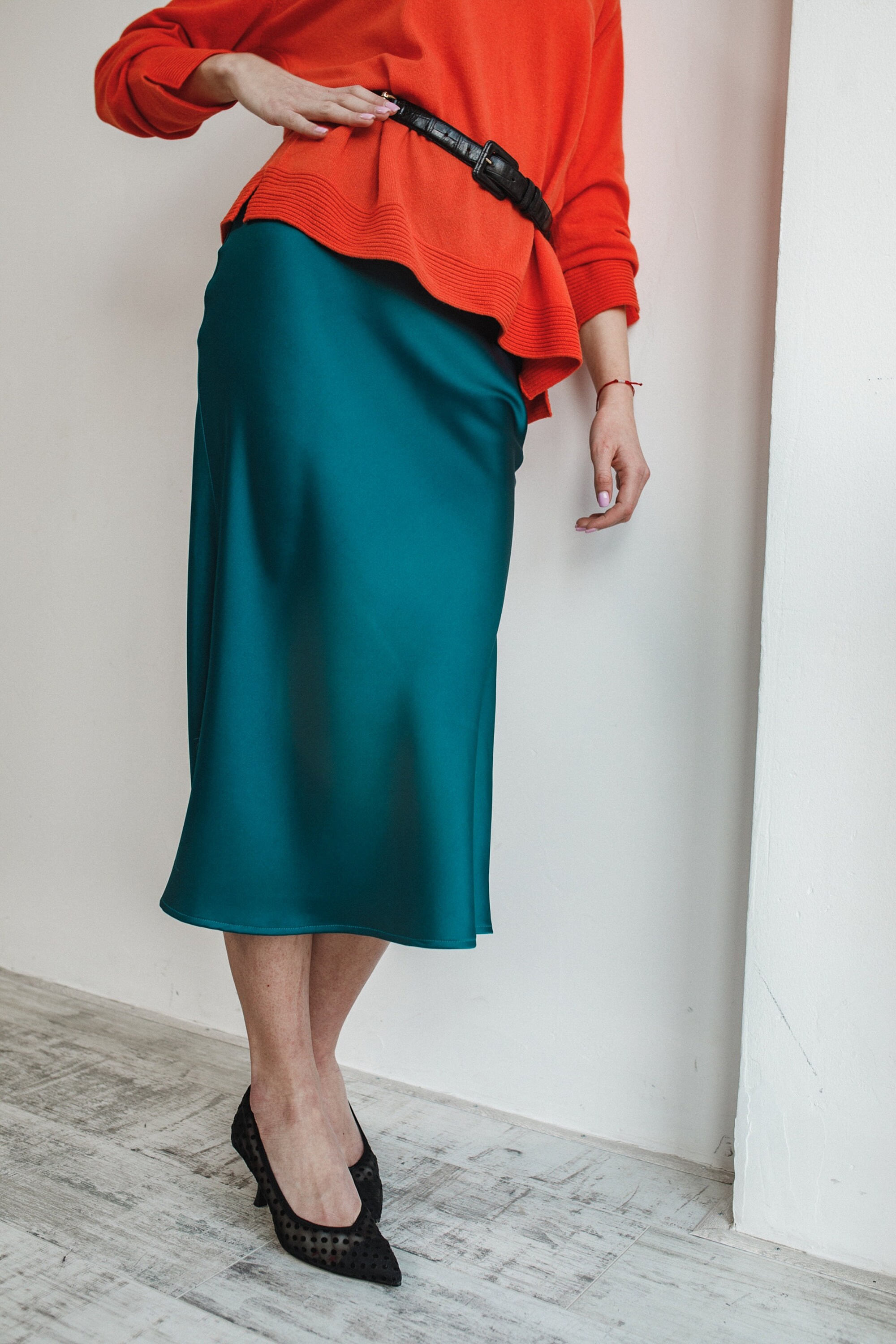 Emerald green satin silk skirt Midi skirt Bias cut skirt High Etsy