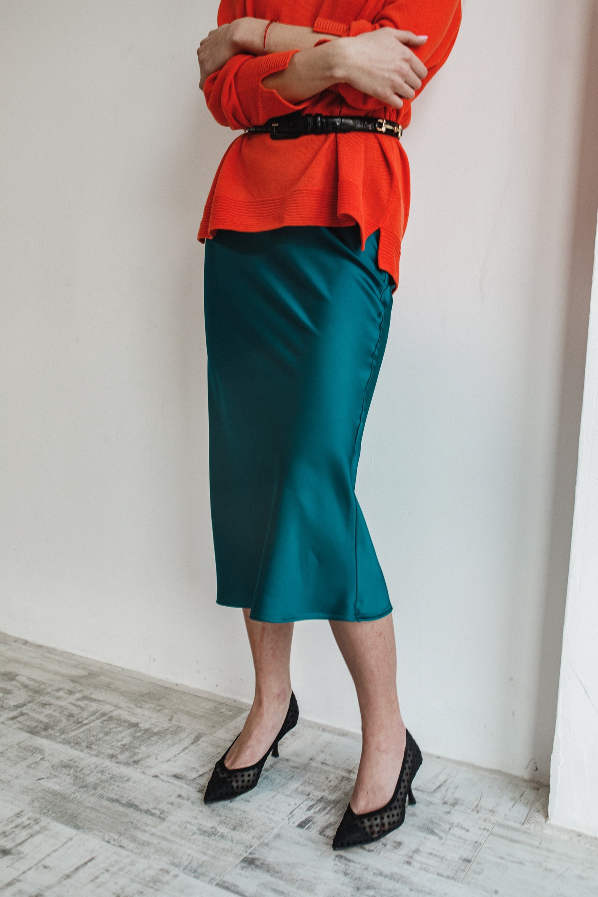 Emerald green satin silk skirt Midi skirt Bias cut skirt High Etsy