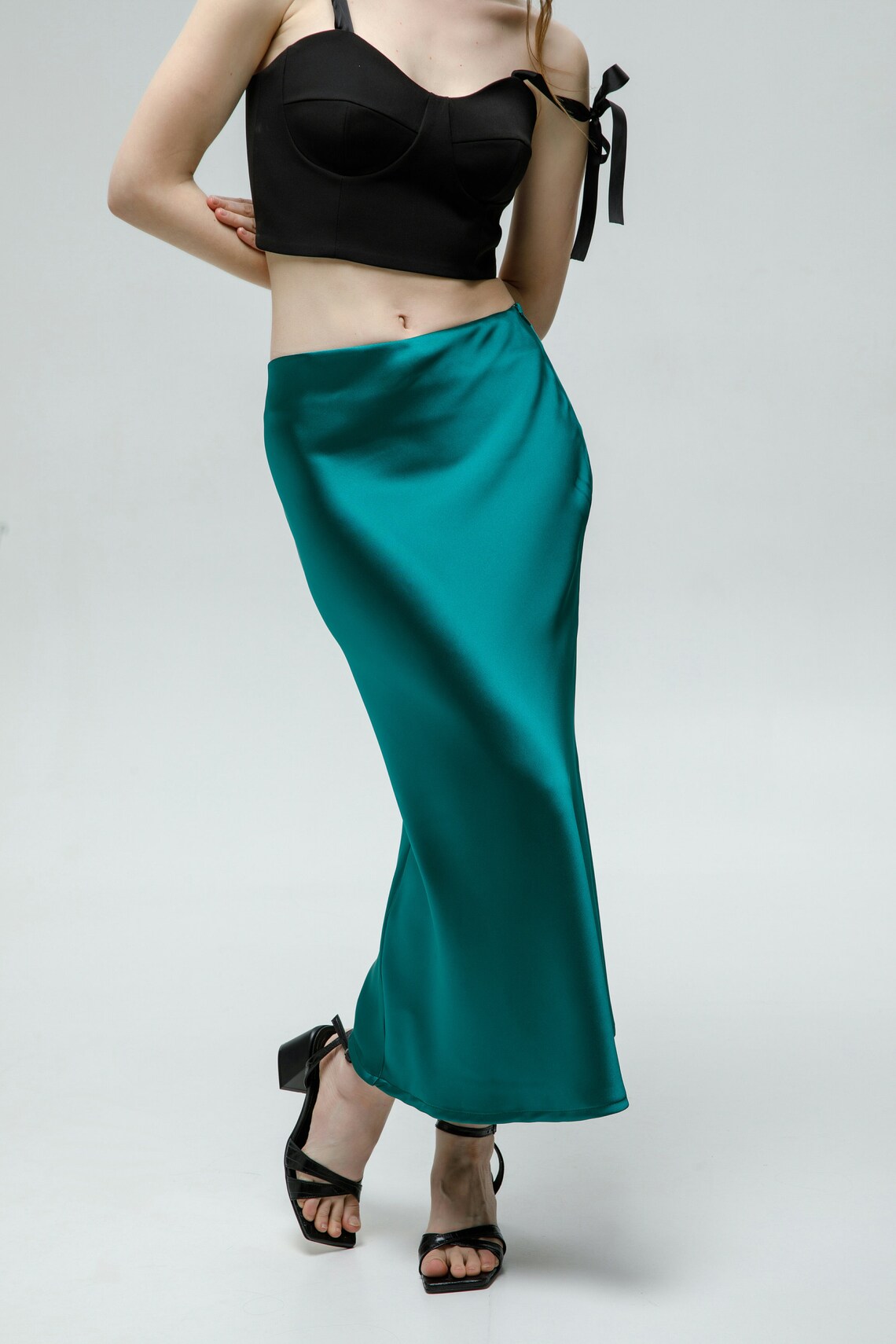 Emerald green skirt Silk midi skirt High waisted skirt Bias | Etsy