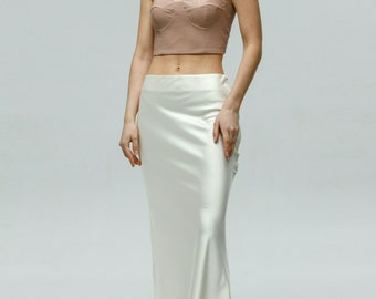 Champagne satin skirt Silk midi skirt High waisted skirt Bias cut skirt Long skirt  Plus size skirt