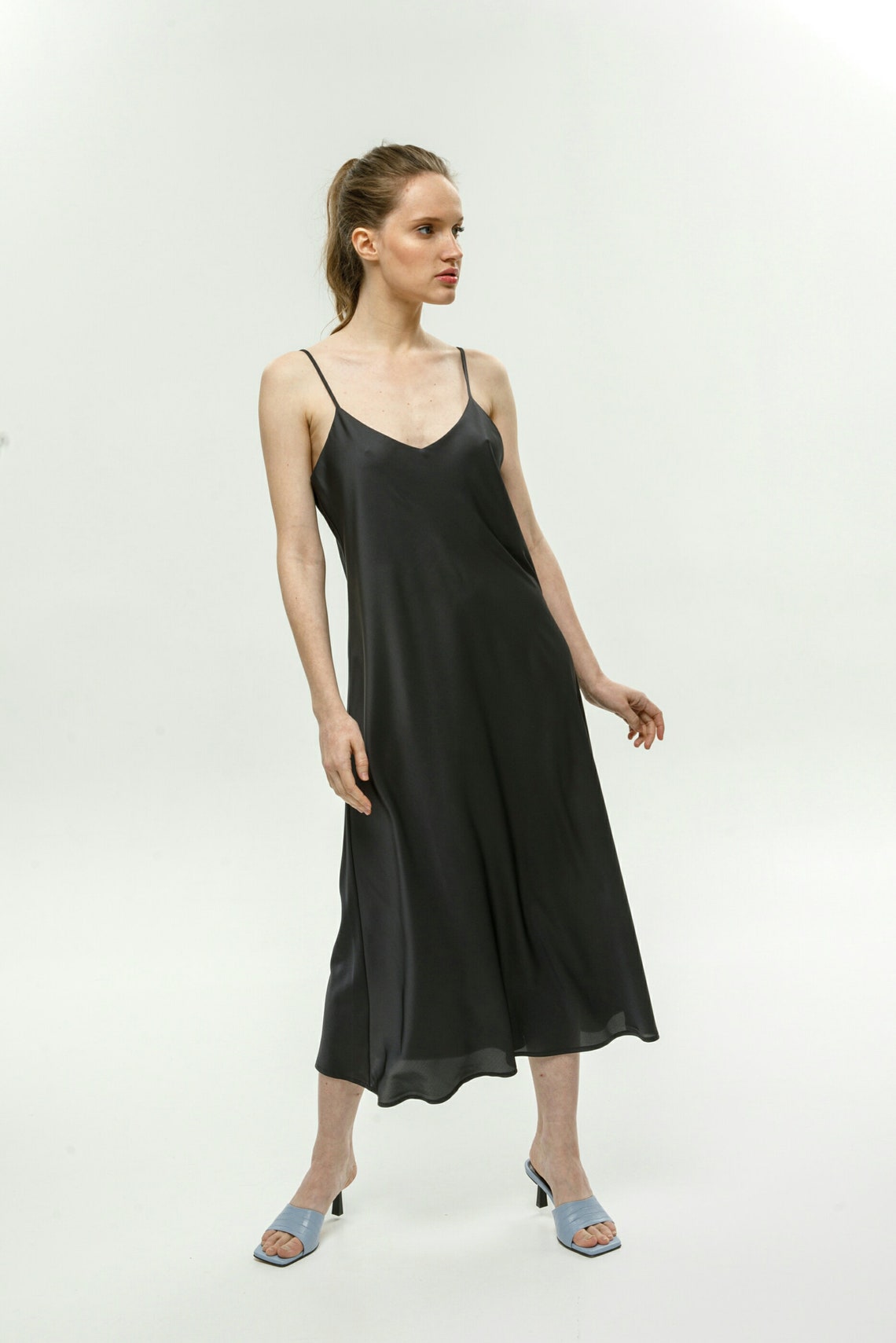 Grey silk dress midi Bias cut dress Spaghetti strap dress