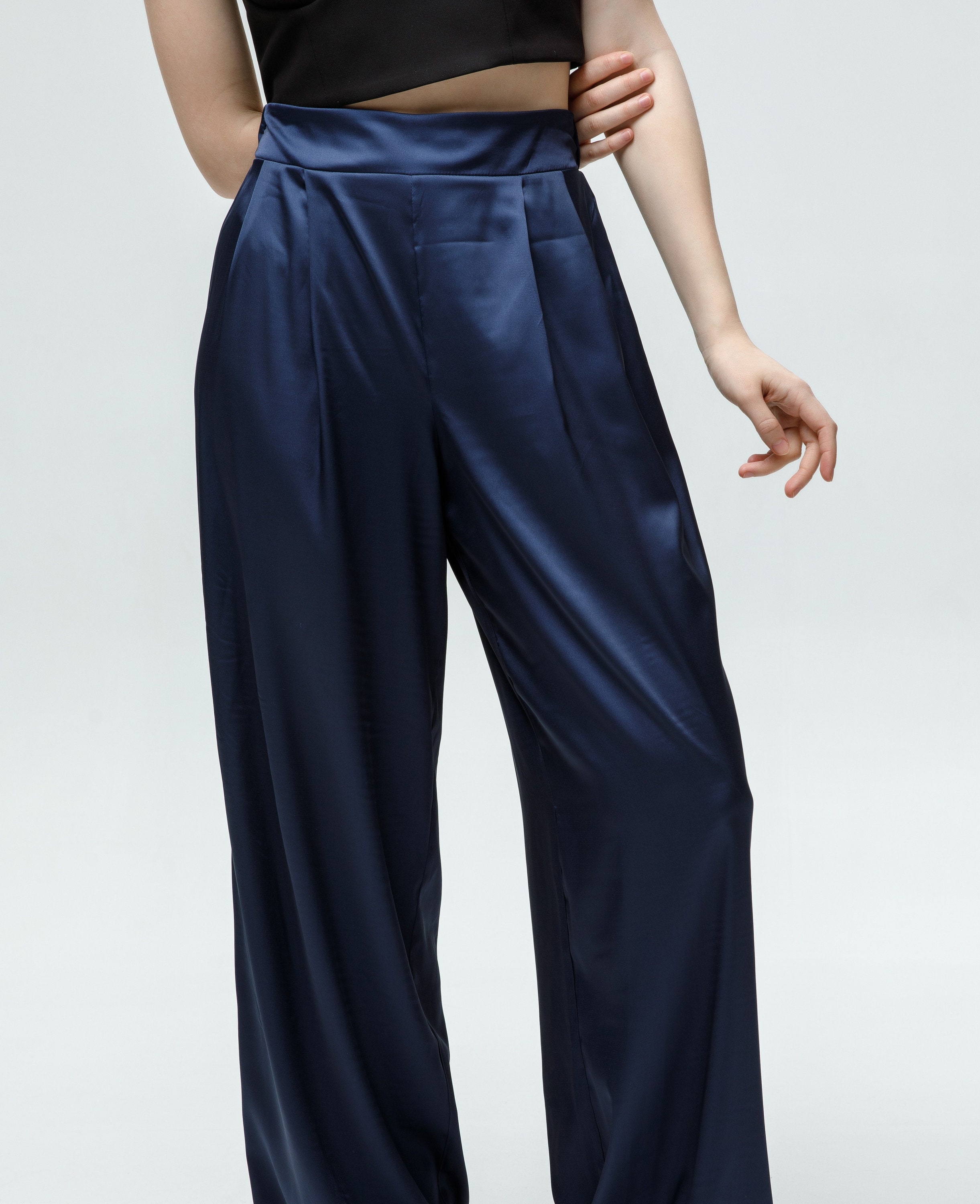 Navy trendy silk pants Loose pants women High waisted pants Etsy