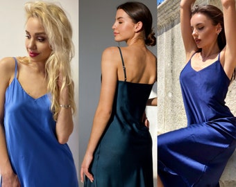 Navy dress Silk dress slip Bias cut dress Midi dress Silk clothing