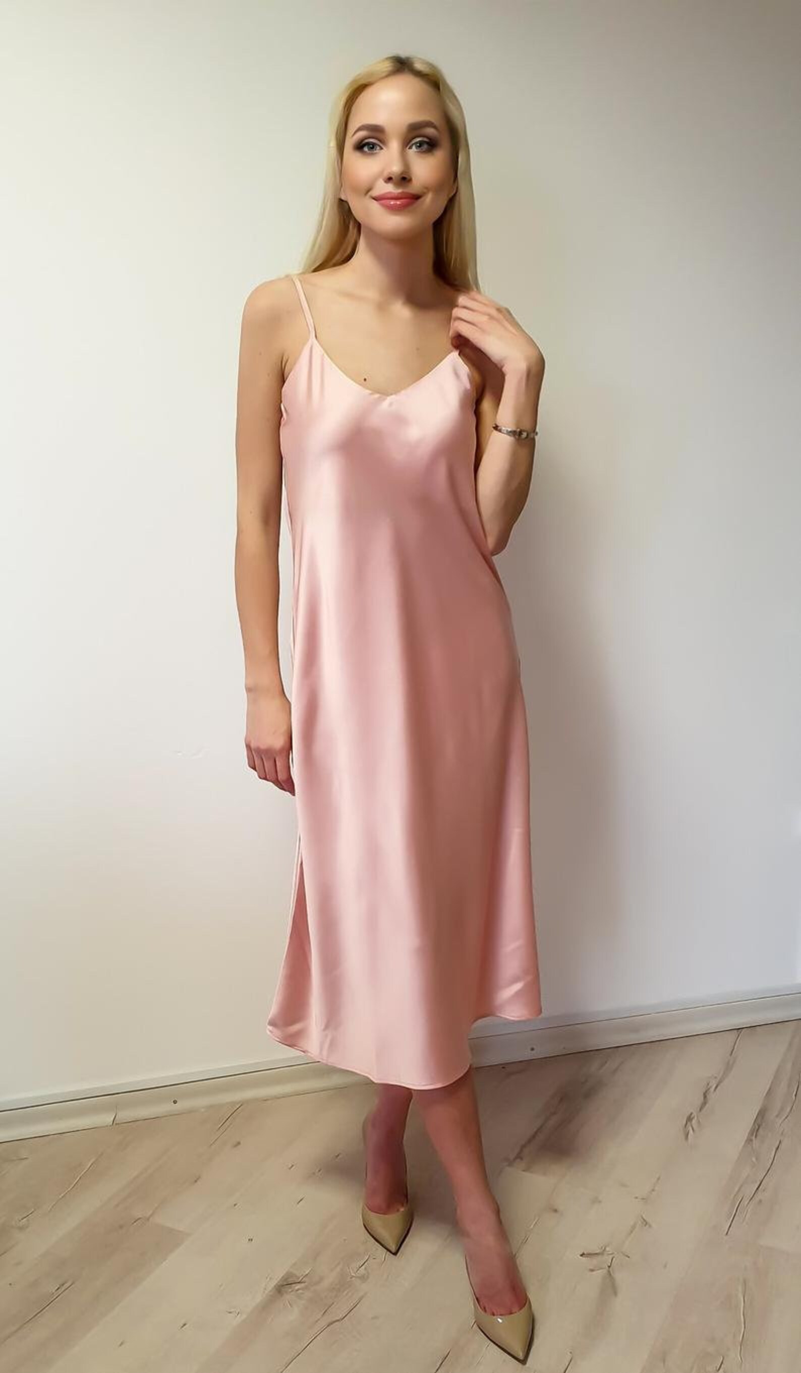 Light Pink Silk Dress Midi Bias Cut Dress Plus Size Dress Etsy