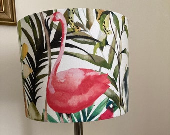Handmade Lampshade - Jungle, Safari fabric with flamingo, elephant, lion and parakeets