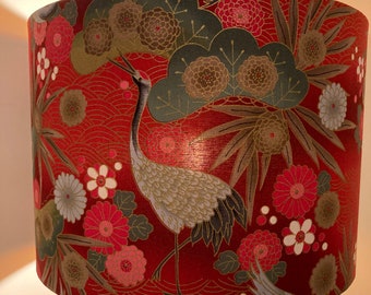 Handmade Oriental Red Lampshade with Cranes, Chrysanthemum, Gold Highlights and a Choice of Lining