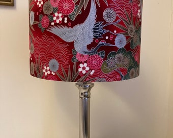 Handmade Oriental Red Lampshade: Cranes & Chrysanthemums, Metallic Lining Option