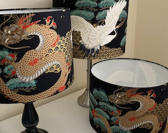Handmade Oriental Lampshade: Cranes & Dragons Fabric, Choice of Linings