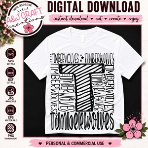 May include: A white t-shirt featuring a large black letter T in the center, surrounded by the word Timberwolves repeated multiple times in various black fonts. The design includes small stars and arrows, presented as a digital download file.