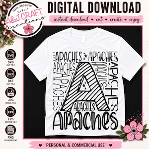 May include: A white t-shirt featuring a black graphic design with the word APACHES repeated in various fonts and orientations surrounding a large central letter A. The letter A contains a striped pattern and three small stars inside.