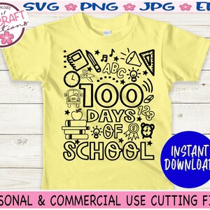 May include: A yellow t-shirt with a black design that says "100 Days of School" surrounded by school-themed icons like a book, apple, bus, and clock. The design is perfect for celebrating 100 days of school.
