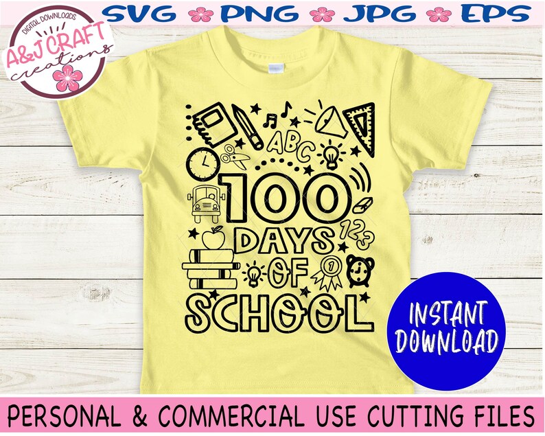 May include: A yellow t-shirt with a black design that says "100 Days of School" surrounded by school-themed icons like a book, apple, bus, and clock. The design is perfect for celebrating 100 days of school.