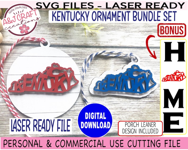 May include: Laser cut Kentucky state outline ornament with the word "Kentucky" inside the outline. The ornament is available in red and blue. The image also includes a bonus "Home" sign with a Kentucky outline.