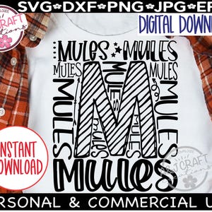 Mules SVG, Mules Typografie, Mules Fußball svg, Mules Schulgeist Maskottchen, Mules Design für DTF, Mules Cheer, Go Mules, Mules Coach