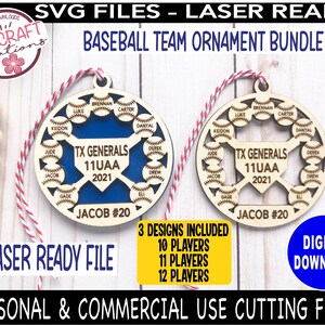 May include: Laser cut wooden baseball team ornament bundle. The ornament features a blue baseball diamond with the text "TX Generals 11UAA 2021" and a player's name and number. The ornament is surrounded by 12 baseballs with player names.