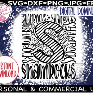 May include: Black and white digital design of the word "Shamrocks" repeated in a circle with a white splatter effect background. The design is perfect for creating t-shirts, mugs, and other crafts.