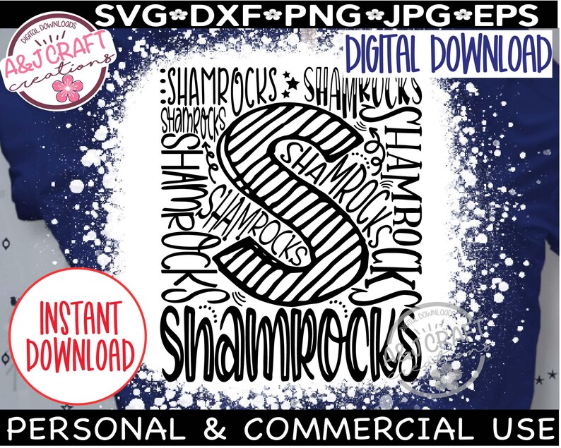 May include: Black and white digital design of the word "Shamrocks" repeated in a circle with a white splatter effect background. The design is perfect for creating t-shirts, mugs, and other crafts.