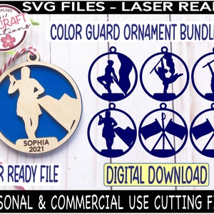 May include: A set of eight laser-cut SVG files for creating color guard ornament decorations. The designs include a color guard member holding a flag, a pair of color guard members performing a routine, and a color guard flag stand. The files are labeled "Color Guard Ornament Bundle" and "Laser Ready File".