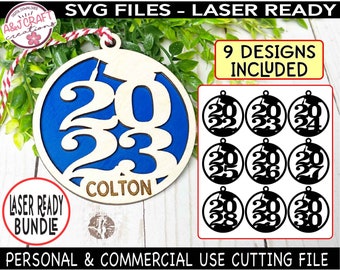 May include: Nine laser-cut SVG designs for 2023 ornaments. The designs include the year 2022 through 2030. One design features the year 2023 with the name Colton.