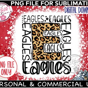 Pode incluir: Um design de sublima&ccedil;&atilde;o com a palavra "Eagles" repetida v&aacute;rias vezes em uma fonte preta e branca. A palavra "Eagles" &eacute; cercada por um padr&atilde;o de estampa de leopardo. O design est&aacute; em um fundo branco com um efeito de respingo branco.
