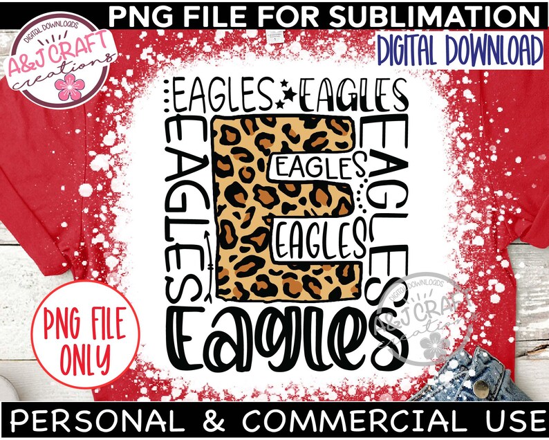 Pode incluir: Um design de sublima&ccedil;&atilde;o com a palavra "Eagles" repetida v&aacute;rias vezes em uma fonte preta e branca. A palavra "Eagles" &eacute; cercada por um padr&atilde;o de estampa de leopardo. O design est&aacute; em um fundo branco com um efeito de respingo branco.