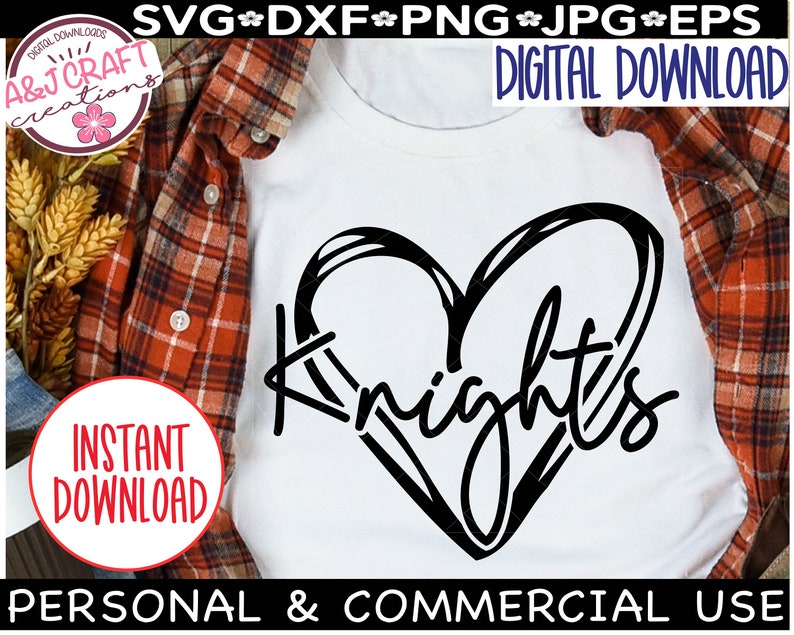 May include: A white t-shirt with a black heart design and the word "Knights" written inside the heart. The design is on a white t-shirt with a red and black checked shirt folded on top of it.