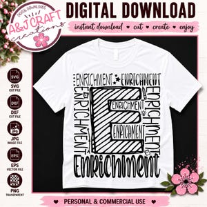 May include: A white short-sleeved t-shirt featuring a large black graphic design centered on the chest. The design consists of the word ENRICHMENT repeated multiple times in various fonts and orientations, surrounding a large, striped letter E.
