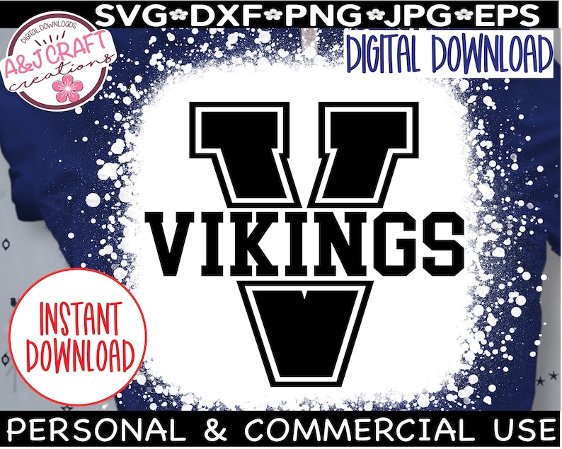 May include: A black and white graphic design of a stylized letter V with the word "VIKINGS" in black text below. The design is on a white background with a white splatter effect.