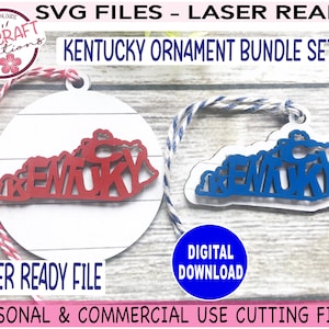 May include: Two laser-cut Kentucky state outline ornaments, one red and one blue, with the word "Kentucky" cut out inside the state shape. The ornaments are on a woodgrain background with the text "SVG FILES - LASER READY" and "KENTUCKY ORNAMENT BUNDLE SET" above them.