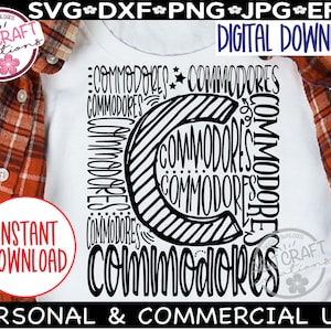 May include: A black and white digital download design featuring the word "Commodores" repeated in a circular pattern. The design is perfect for creating t-shirts, mugs, and other personalized items.