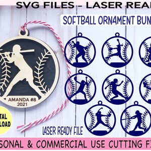 May include: A set of 10 SVG files for laser cutting softball ornament designs. The designs feature a softball player in various poses, including batting, pitching, and catching. The text "SVG FILES - LASER READY" and "SOFTBALL ORNAMENT BUNDLE" is displayed at the top of the image. The text "AMANDA #8 2021" is displayed on the ornament in the center of the image.