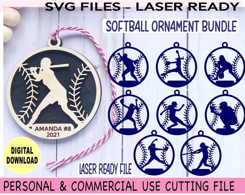May include: A set of 10 SVG files for laser cutting softball ornament designs. The designs feature a softball player in various poses, including batting, pitching, and catching. The text "SVG FILES - LASER READY" and "SOFTBALL ORNAMENT BUNDLE" is displayed at the top of the image. The text "AMANDA #8 2021" is displayed on the ornament in the center of the image.