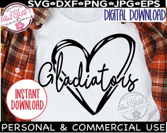 Gladiatoren Herz SVG, Gladiatoren Fußball svg, Gladiatoren Baseball svg, Typografie svg, Gladiatoren Schulteam Maskottchen, Schulgeist Shirt