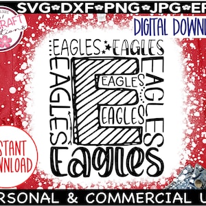 Może przedstawiać: Czarno-biały projekt graficzny litery E z powtarzającym się wok&oacute;ł niej słowem "Eagles". Projekt znajduje się na białym tle z czarnymi plamami farby.