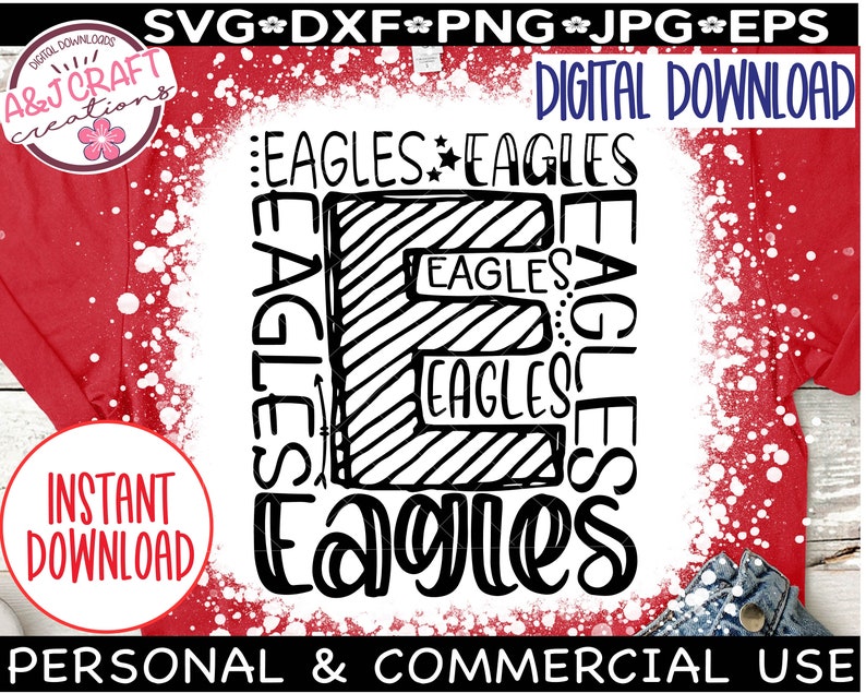 Może przedstawiać: Czarno-biały projekt graficzny litery E z powtarzającym się wok&oacute;ł niej słowem "Eagles". Projekt znajduje się na białym tle z czarnymi plamami farby.