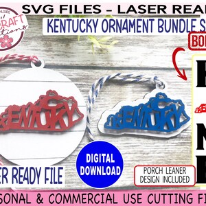 May include: Kentucky ornament bundle set with two laser-cut SVG files. One ornament is red and the other is blue. Both ornaments are shaped like the state of Kentucky with the word "Kentucky" cut out. The bundle also includes a bonus "Home" sign with a Kentucky outline.
